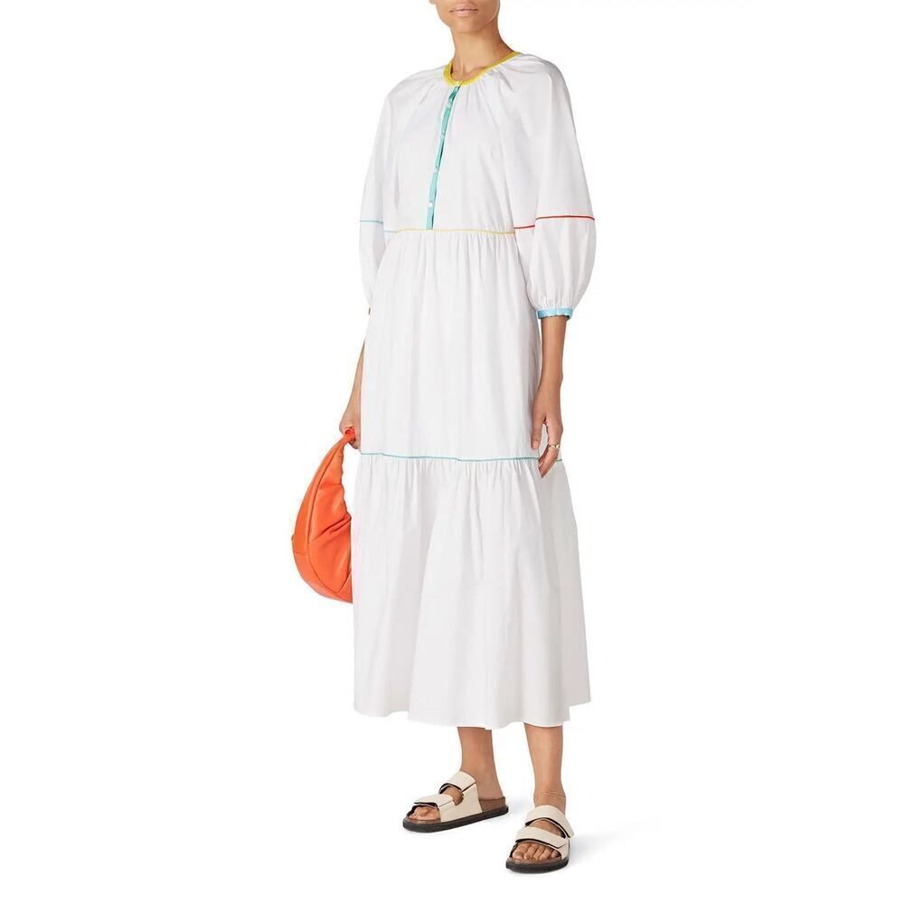STAUD Demi Dress Womens White PoplinβRainbow Stitching Maxi Tiered Cotton Medium - Picture 1 of 10